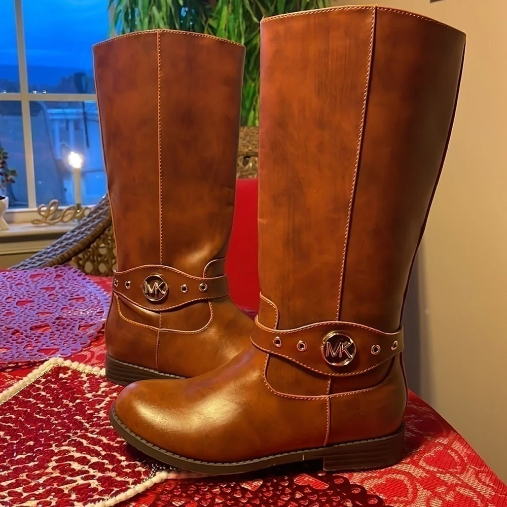 Brand New Michael Kors Girls Emma Heather Zippered Tall Riding Boots in Cognac